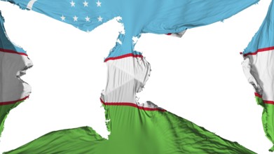 Destroyed Uzbek flag, white background, 3d rendering