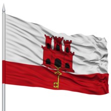 Gibraltar Flag on Flagpole, Flying in the Wind, Isolated on White Background