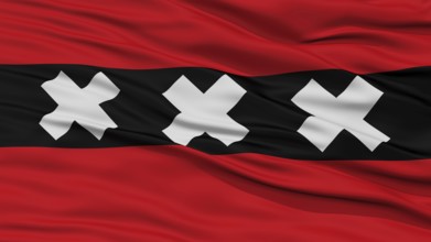 Closeup Amsterdam City Flag, Capital City of Netherlands, Waving in the Wind