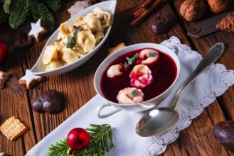 Traditional Polish Christmas Eve borscht with dumplings