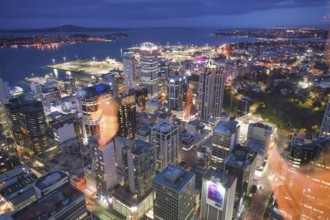 Amazing aerial view of Auckland skyline at night. City buildings and skyscrapers, New Zealand,