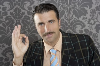 Nerd retro man businessman ok positive hand gesture wallpaper background