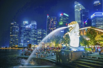 Merlion and Singapore town. Shooting Location: Singapore