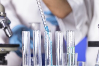 The blue drop from pipette in laboratory tubes