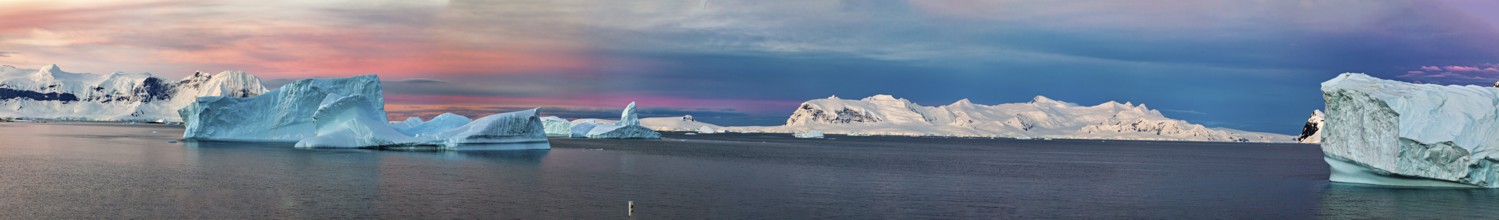 Panoramic view of icebergs in the sea under a coloured sky, icebergs in the Southern Ocean in
