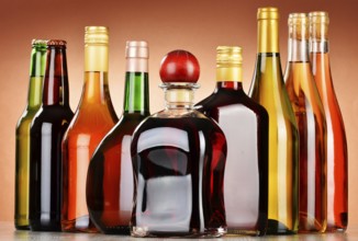 Bottles of assorted alcoholic beverages including beer and wine