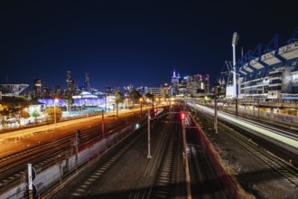 Dusk view of Melbourne's famous skyline and Melbourne Cricket Ground stadium in Melbourne,