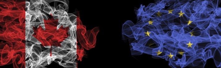 Flags of Canada and EU on Black background, Canada vs Europe Union Smoke Flags