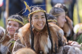 Portrait expression young woman in clothing indigenous people of Kamchatka Peninsula. Alhalalalay,