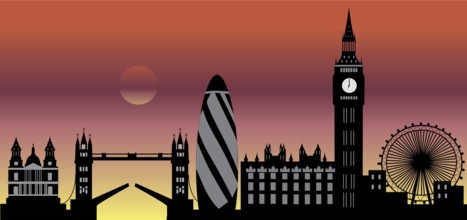 Illustration drawing of the London city skyline England with the wheel and the tower bridge by