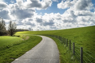 An empty country lane winds along green meadows and a fence under a cloudy sky, cycle path, Leer,