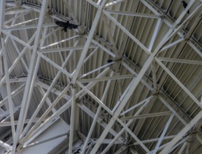 Close-up of a complex gray metal structure forming a geometric pattern, in South Korea