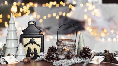 Christmas or New Year composition with various home decorations, different symbolic toys composed