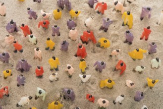 People crowd standing in sand