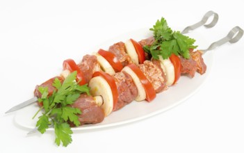 Prepared food for barbecue (shish kebab) - seasoned meat with vegetables on skewers