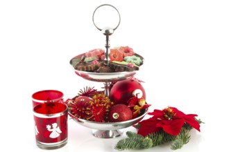 Christmas still life with silver tray chocolate and ornaments