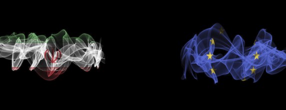 Flags of Iran and EU on black background, Iran vs Europe Union Smoke Flags
