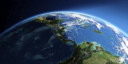 Highly detailed Earth with atmosphere, exaggerated relief and light-flooded cities. Transition from