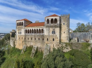Aerial view on Medieval Templar Knights Castle built on top of a hill, Leiria, Portugal, Europe