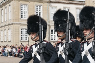 Copenhagen, Denmark, August 12, 2016: Soldiers of the Danish Royal Life Guards for the changing of