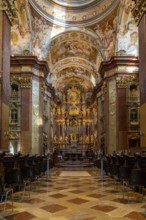 Melk, Austria, 22 September, 2022: vertical view of the ostentatious and ornate Melk Abbey church,