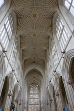 Interior view, ceiling, stained glass window, Bath Abbey, Bath, England, Great Britain
