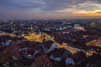View from the Schlossberg, illuminated town hall, roofs in the old town, blue hour, sunset, Graz,