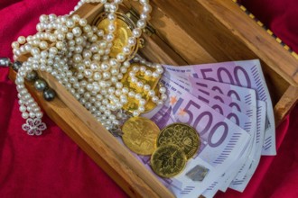 Gold in coins and bars with jewellery on red velvet. Symbolic photo for wealth, luxury, wealth tax.