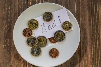 A plate with coins for tips or toilet charges. In French language Austria