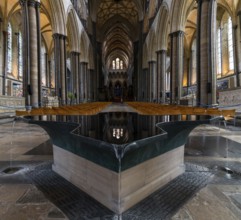 Salisbury, United Kingdom, 8 September, 2022: view of the font by William Pye and the central nave