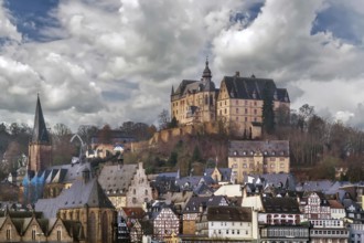 View of Marburg with castle on hill, Germany, Europe