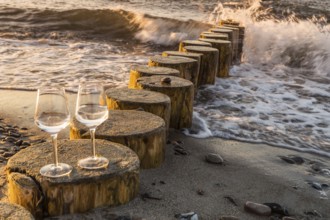 Wine on the baltic sea beach at sunset