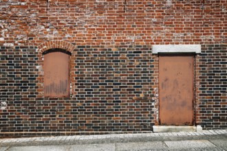 Brick wall and door, Ozu Redbrick Hall Akarenga-kan in Ehime, Shikoku, Japan, Asia