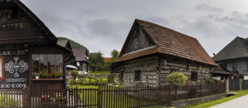 Cicimany, Slovakia, 27 September, 2022: historic timbered houses with white decorative paint in the