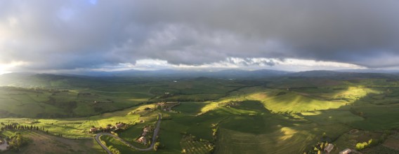 Tuscany panorama aerial landscape of farmland hill country at morning. Italy