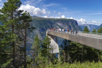 NORWAY, AURLANDSVANGEN, AUGUST 1, 2023: High viewpoint over the Aurlandsfjord, crowded with
