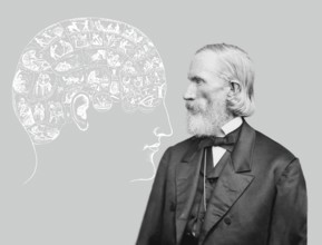 Orson Squire Fowler, 1809 – 1887, American phrenologist with a Phrenological Chart, head with