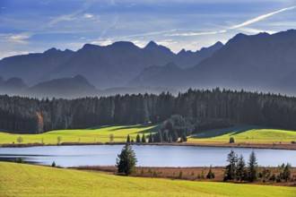 Autumnal Attlesee with Allgäu foothills near Nesselwang, Allgäu, Bavaria, Germany, Europe