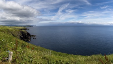 Picturesque coastal landscape with green meadows and rugged cliffs on a beautiful summer day on the
