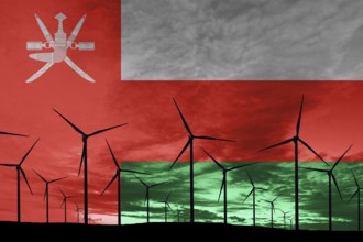 Oman flag wind farm at sunset, sustainable development, renewable energy Wind Turbines