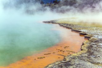 Thermal Wonderland of hot waters is Wai - O - Tapu. New Zealand, North Island. Picturesque lake of
