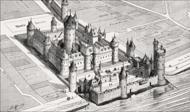 Pictorial reconstruction of the Louvre Palace in the 14th century by Fédor Joseph Hubert Hoffbauer,