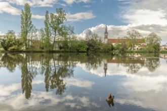 Huttenheim village reflected in a natural tree-lined river in spring. Bas Rhin, Alsace, France,