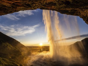 Sunset at Seljalandsfoss waterfall, South Iceland, Iceland, Europe