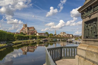 Detail of Statue of Paul Bert and town view from Pont Paul Bert, Auxerre, Yonne, France, Europe