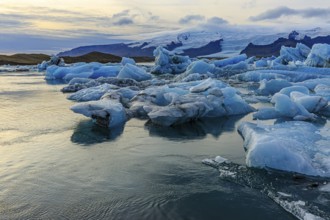 Jökulsarlon glacier lagoon, icebergs with glacier, Vatnajökull National Park, Hornafjörður, South