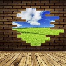 Summer scenery through the hole in the brick wall of room with wooden floor