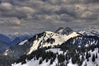 View from Seekarkreuz to Bavarian Alpine foothills, Germany, FRG, Mangfall mountains, Bavaria,