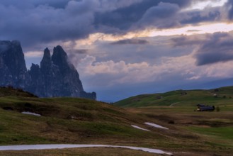 Panoramic view of Mount Sciliar from Alpe di Siusi in the Dolomites in South Tyrol, Italy, Europe