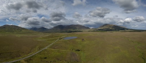 Drone panorama landscape of Connemara National Park and the Twelve Bens mountains in western